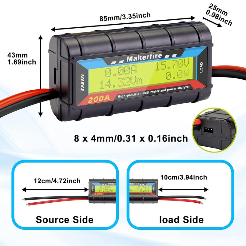 Makerfire 200A Upgraded Watt Meter with Longer Wire, High Precision Power Analyzer Battery Testers Voltage Amp Consumption Performance Monitor with LCD Backlight Screen for RC,Solar,Wind Power,Ebike - Image 3